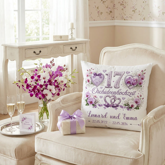 Geschenk 17. Hochzeitstag – personalisiertes Kissen zur Orchideenhochzeit mit Orchideenblüten und Namen