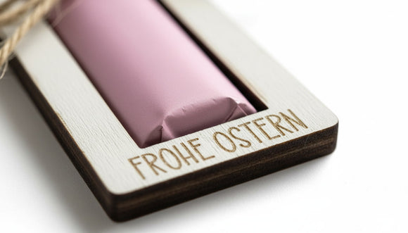 Detailaufnahme vom Osterhase Schokoriegelhalter mit Juteschnur und Gravur