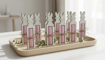 Osterhase Schokoriegelhalter aus weißem HDF mit Gravur „Frohe Ostern“ auf hellem Hintergrund