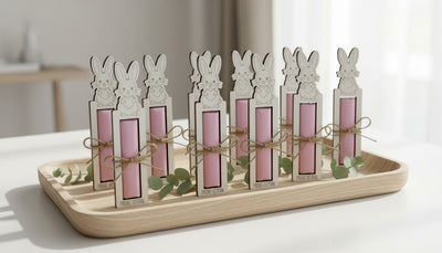 Osterhase Schokoriegelhalter aus weißem HDF mit Gravur „Frohe Ostern“ auf hellem Hintergrund