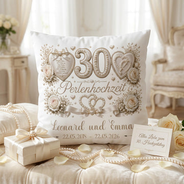 Geschenk Perlenhochzeit – personalisiertes Kissen mit Namen und Datum zum 30. Hochzeitstag