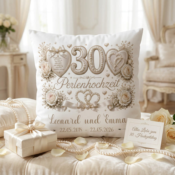 Geschenk Perlenhochzeit – personalisiertes Kissen mit Namen und Datum zum 30. Hochzeitstag