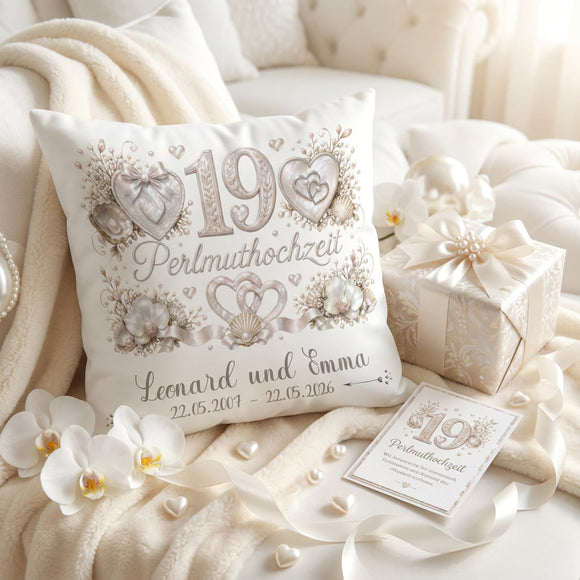 Geschenk zum 19. Hochzeitstag mit elegantem Perlmuttmotiv und Namen des Ehepaares