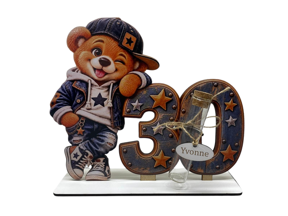 Geldgeschenk zum 30. Geburtstag mit großer Zahl 30 und Teddy mit Cap