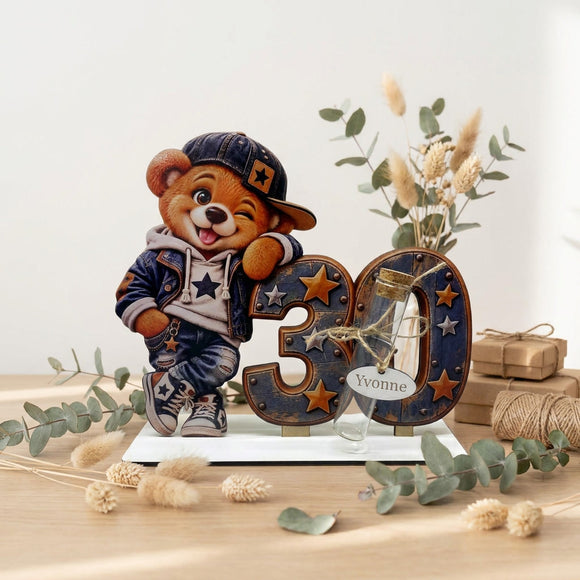 1. Geldgeschenk 30 Mann mit Glasröhrchen Teddy und blau braunem Design            Gefällt dir diese Persönlichkeit?