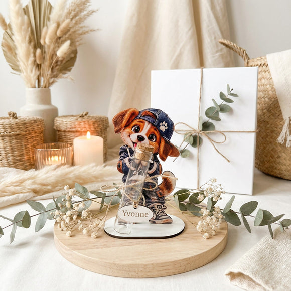Geschenk Hundeliebhaber mit Glasröhrchen und niedlichem Hundeaufsteller