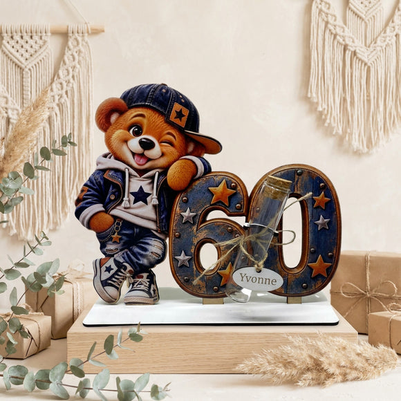 1. Geldgeschenk 60 Mann mit Glasröhrchen Teddy und blau braunem Design