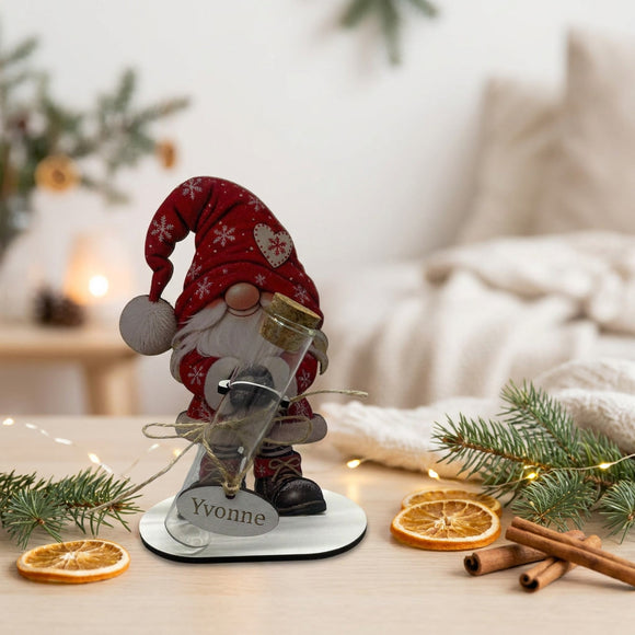 Geld zu Weihnachten verschenken mit Wichtel und Glasröhrchen