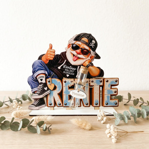 Abschiedsgeschenk Kollege zur Rente mit coolem Rentner und Geldröhrchen