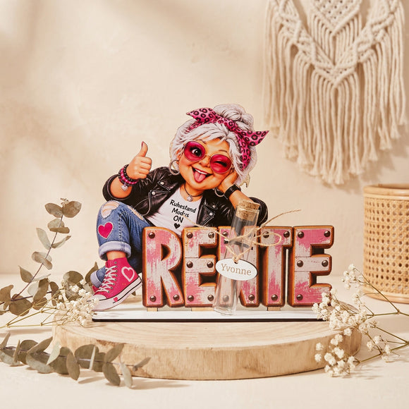 Geschenk zum Ruhestand Frau mit pinker Sonnenbrille und RENTE-Schriftzug