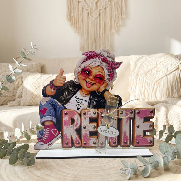 1. Geldgeschenk Rente Frau mit Glasröhrchen und pink weißem RENTE-Schriftzug