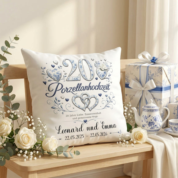 Dekokissen zur Porzellanhochzeit mit Namen und Hochzeitsdatum personalisiert