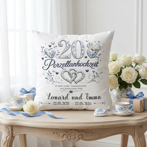 Porzellanhochzeit Geschenk als individuelles Kissen für 20 Jahre Ehe