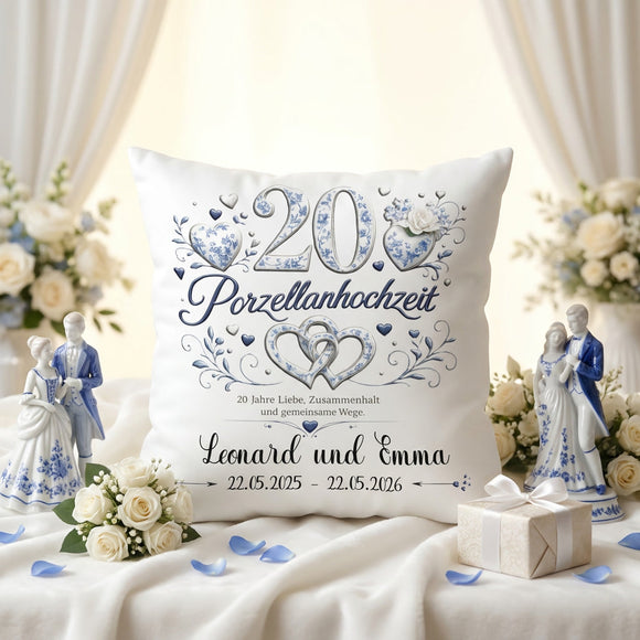 Geschenk für Eltern zur Porzellanhochzeit mit hochwertigem Dekokissen