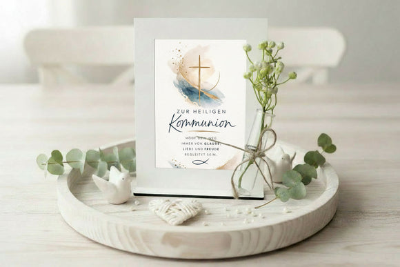 Geldgeschenk zur Kommunion im Bilderrahmen mit Glasvase und christlichen Symbolen