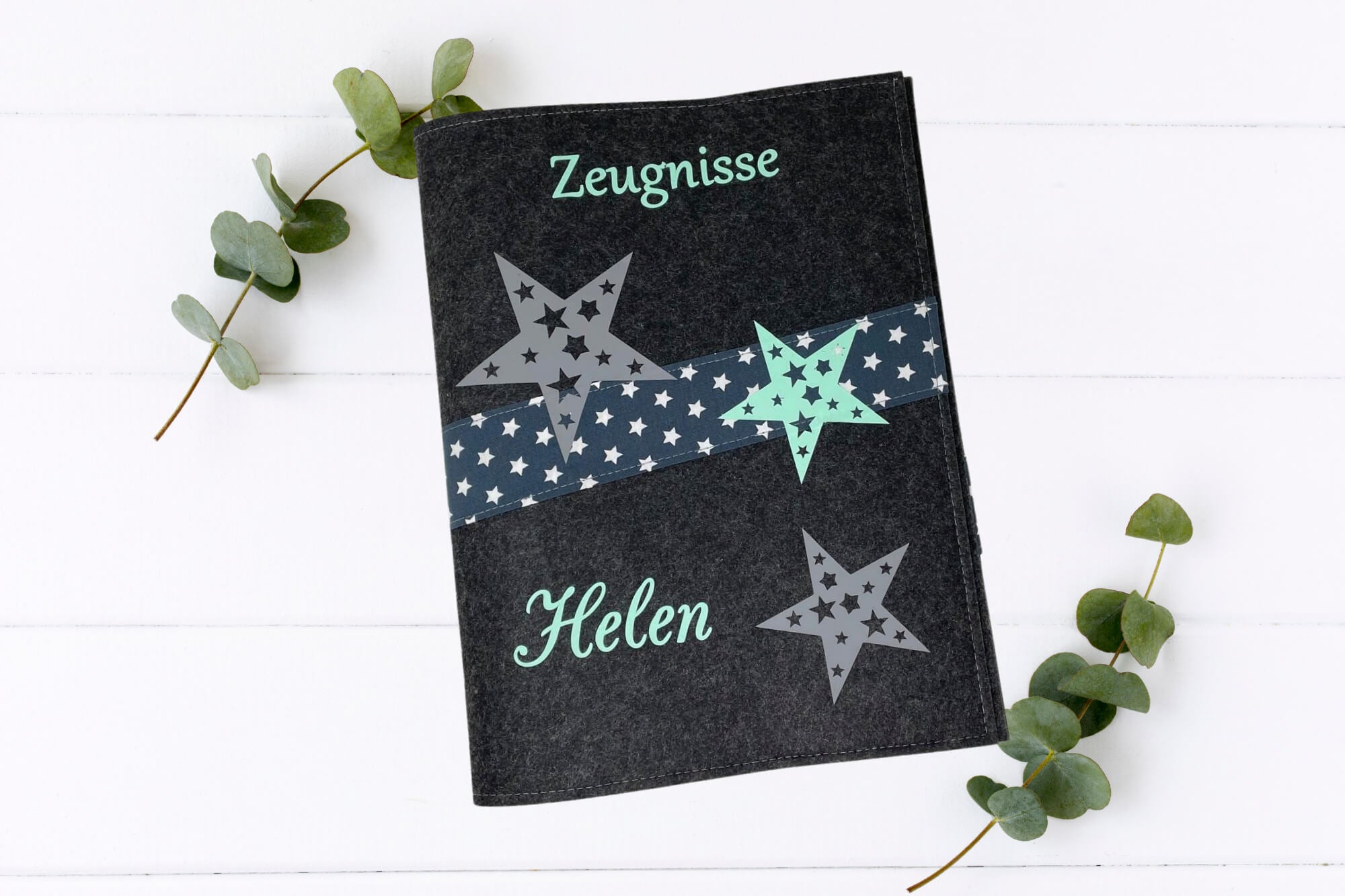 Personalisierte Zeugnismappe Sterne Mint – A4 Filzmappe mit Name-2