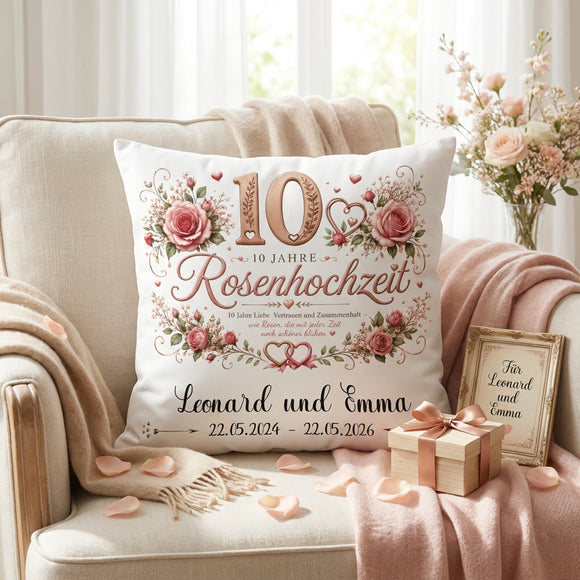 Geschenk Rosenhochzeit – romantisches Kissen mit Rosenmotiv für 10 Jahre Ehe