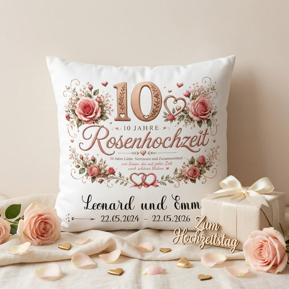Personalisiertes Jubiläumskissen zur Rosenhochzeit für 10 gemeinsame Ehejahre