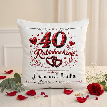 Rubinhochzeit Kissen personalisiert mit Namen und Datum als Geschenk zum 40. Hochzeitstag