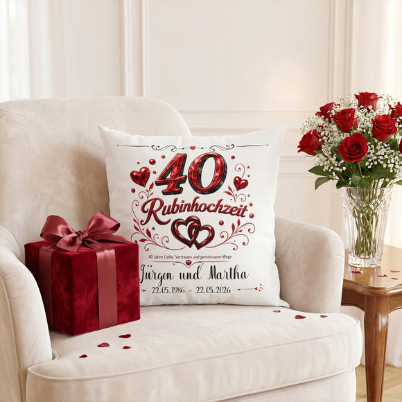 Hochwertiges Rubinhochzeit Kissen personalisiert als Geschenk für Ehepaare