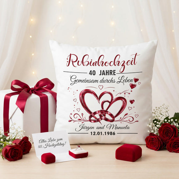 Dekokissen zur Rubinhochzeit mit Namen und Hochzeitsdatum personalisiert