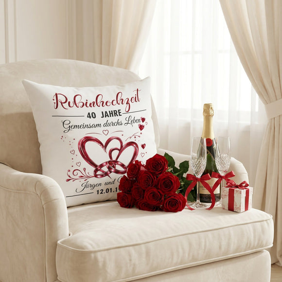 Geschenk für Eltern zur Rubinhochzeit mit hochwertigem Dekokissen