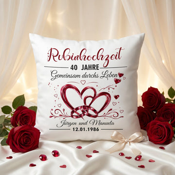 Geschenk Rubinhochzeit personalisiert als Kissen mit Namen und Datum zum 40. Hochzeitstag