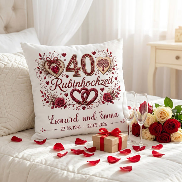 Geschenk Rubinhochzeit mit verschlungenen Herzen Rosen und großer 40