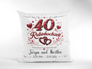 Personalisiertes Rubinhochzeit Kissen mit rubinroten Herzen und Eheringen für 40 Jahre Ehe