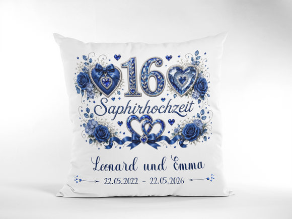 Geschenk Saphirhochzeit – personalisiertes Kissen mit Namen und Datum