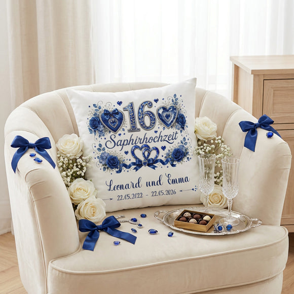 Geschenk zum 16. Hochzeitstag mit elegantem Saphir-Design und Namen des Ehepaares