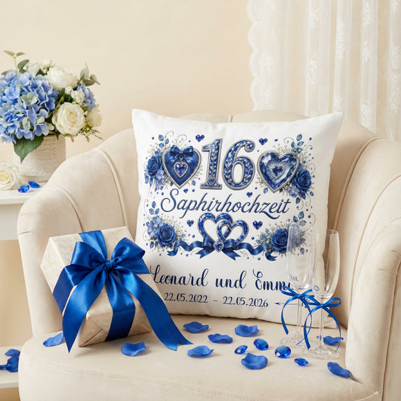 Personalisiertes Jubiläumskissen für 16 Jahre Ehe im eleganten Saphir-Design