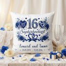 Geschenk Saphirhochzeit – personalisiertes Kissen mit Namen und Datum zum 16. Hochzeitstag