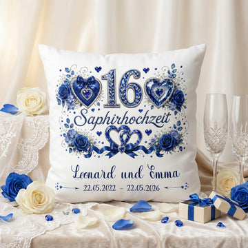 Geschenk Saphirhochzeit – personalisiertes Kissen mit Namen und Datum zum 16. Hochzeitstag
