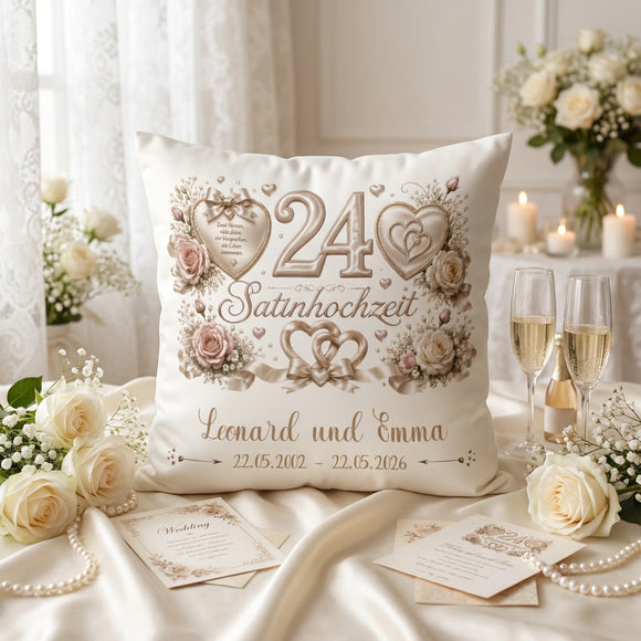 Personalisiertes Kissen zur Satinhochzeit mit Rosen, Herzen und Schleifen