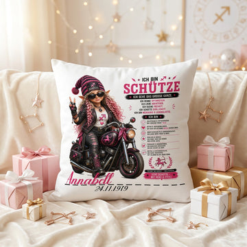 Geschenk Sternzeichen Schütze Frau – personalisiertes Kissen mit Bikerin, Motorrad, Name und Geburtsdatum