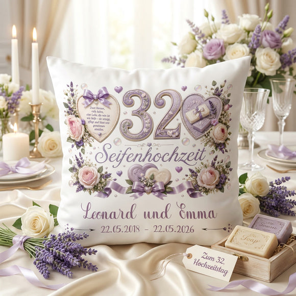 Geschenk 32. Hochzeitstag – personalisiertes Kissen zur Seifenhochzeit mit Namen und Datum