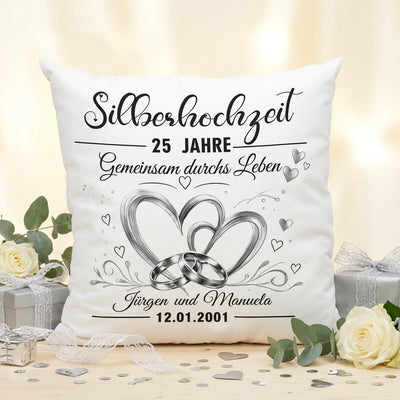 Geschenk Silberhochzeit personalisiert als Kissen mit Namen und Datum zum 25. Hochzeitstag