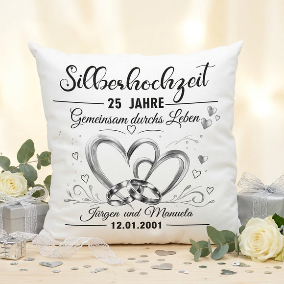 Geschenk Silberhochzeit personalisiert als Kissen mit Namen und Datum zum 25. Hochzeitstag