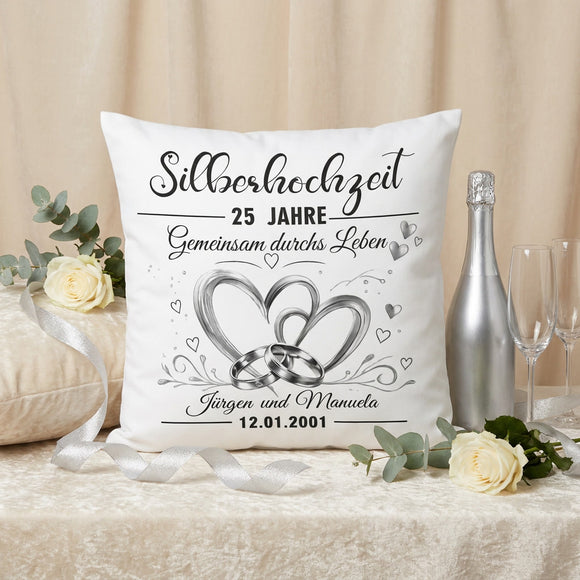 Geschenk Silberhochzeit personalisiert mit Namen, Datum und romantischem Herzdesign