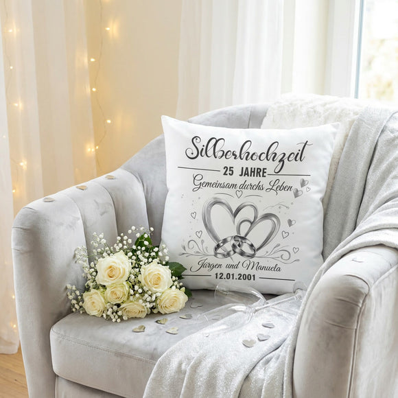 Geschenk Silberhochzeit personalisiert als Kissen mit Namen
