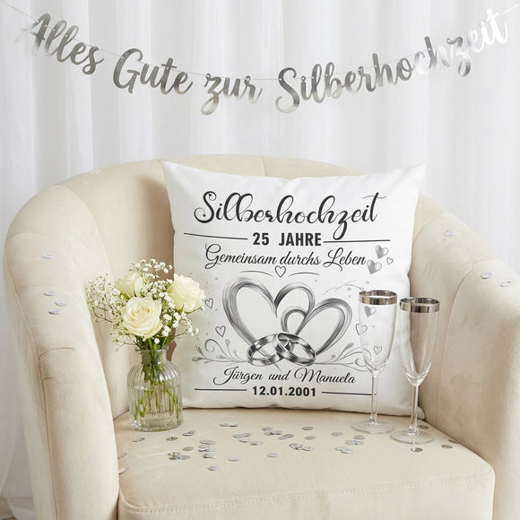 Geschenk für Eltern zur Silberhochzeit mit hochwertigem Dekokissen