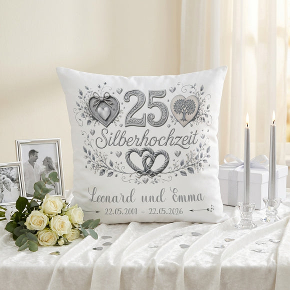 Personalisiertes Kissen Silberhochzeit Design 3 mit großer silberner 25