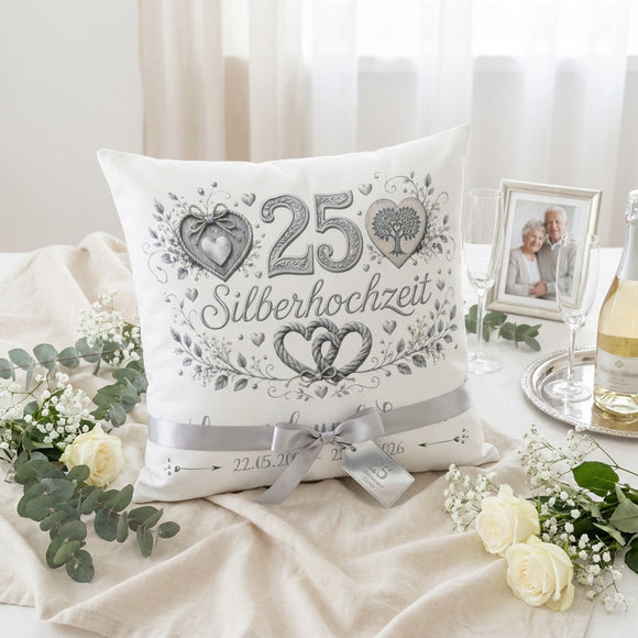 Geschenk Silberhochzeit mit verschlungenen Herzen und großer 25