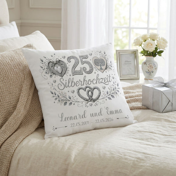 Geschenk Silberhochzeit personalisiertes Kissen