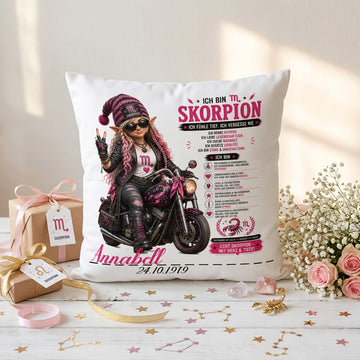 Geschenk Sternzeichen Skorpion Frau – personalisiertes Kissen mit Bikerin, Motorrad, Name und Geburtsdatum