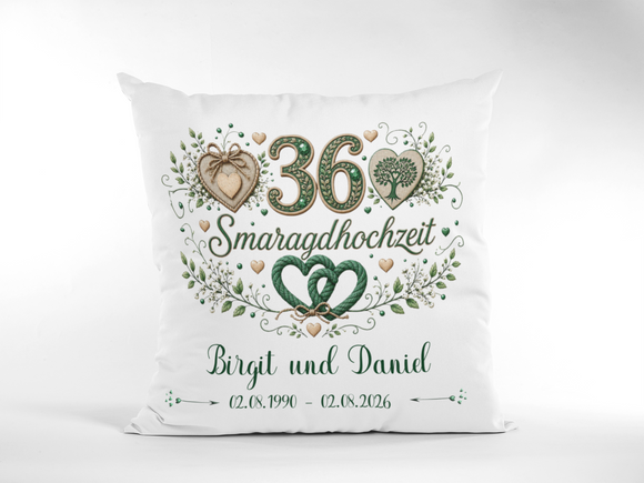 Geschenk Smaragdhochzeit – personalisiertes Kissen mit Namen und Datum