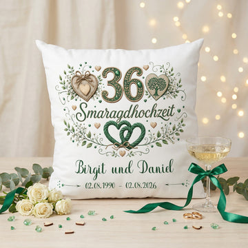 Geschenk Smaragdhochzeit – personalisiertes Kissen mit Namen und Datum zum 36. Hochzeitstag