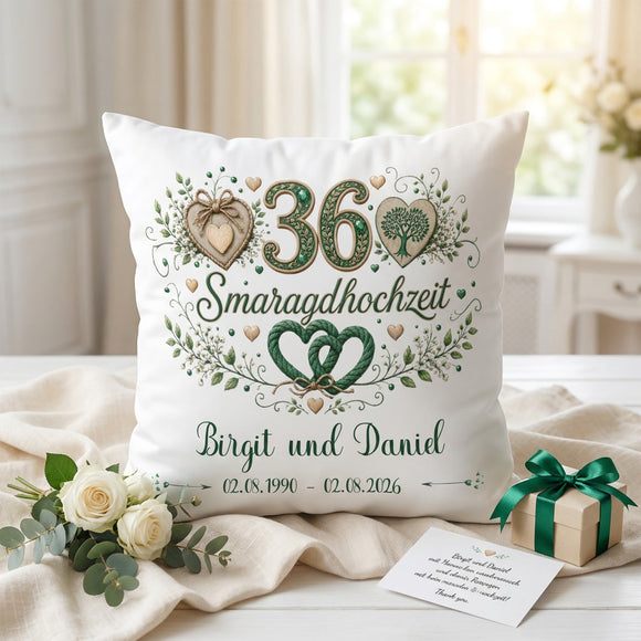 Geschenk 36. Hochzeitstag – personalisiertes Kissen zur Smaragdhochzeit mit Namen und Datum