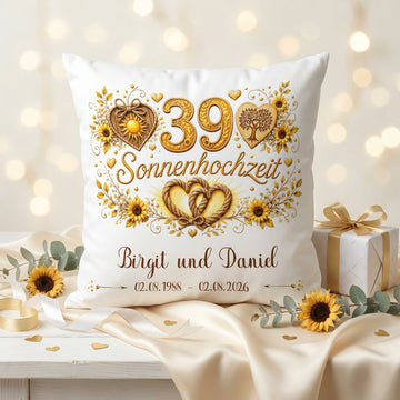 Geschenk Sonnenhochzeit – personalisiertes Kissen mit Namen und Datum zum 39. Hochzeitstag
